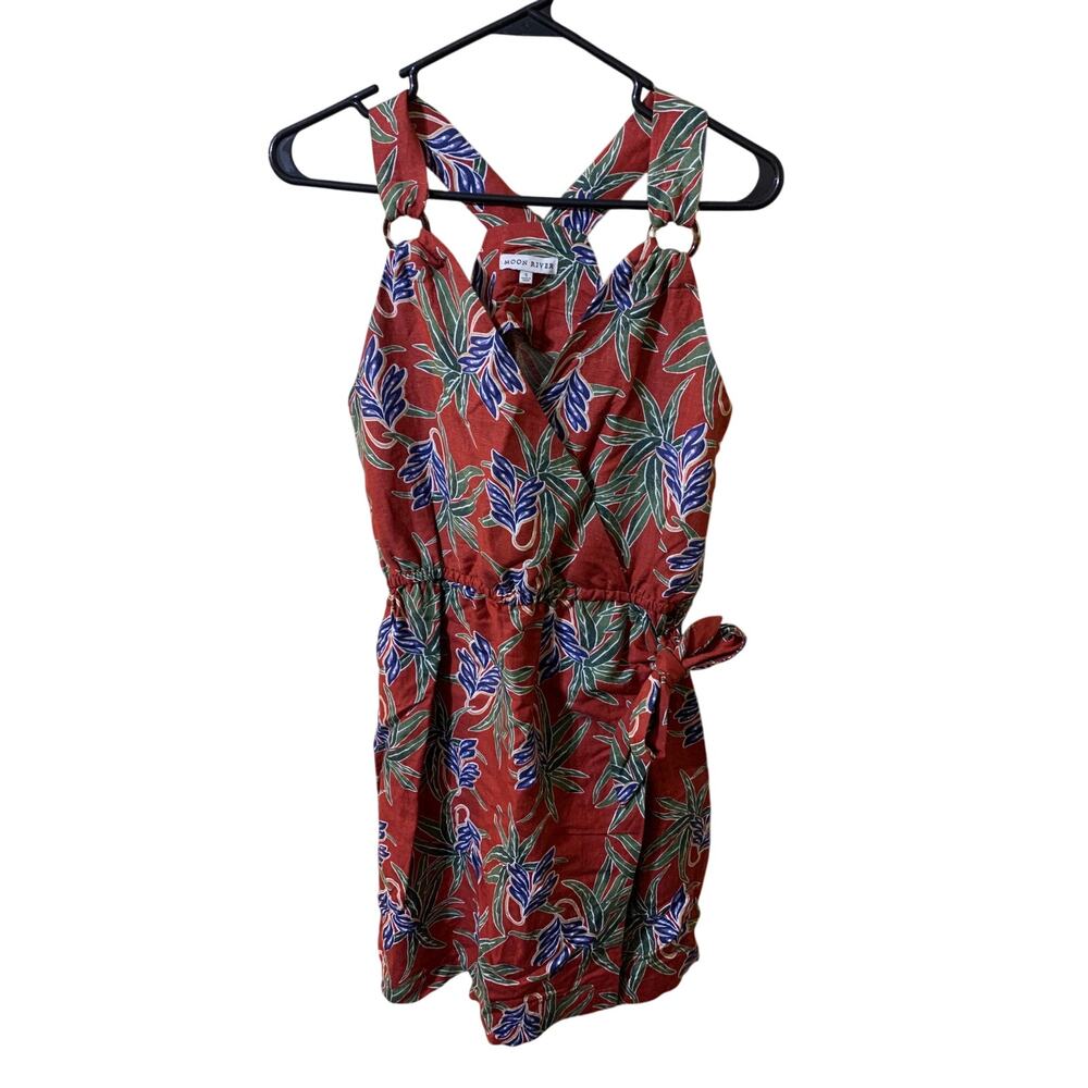 Moon River Sleeveless Wrap Dress Linen Blend Side Tie Size Small Tropical Print